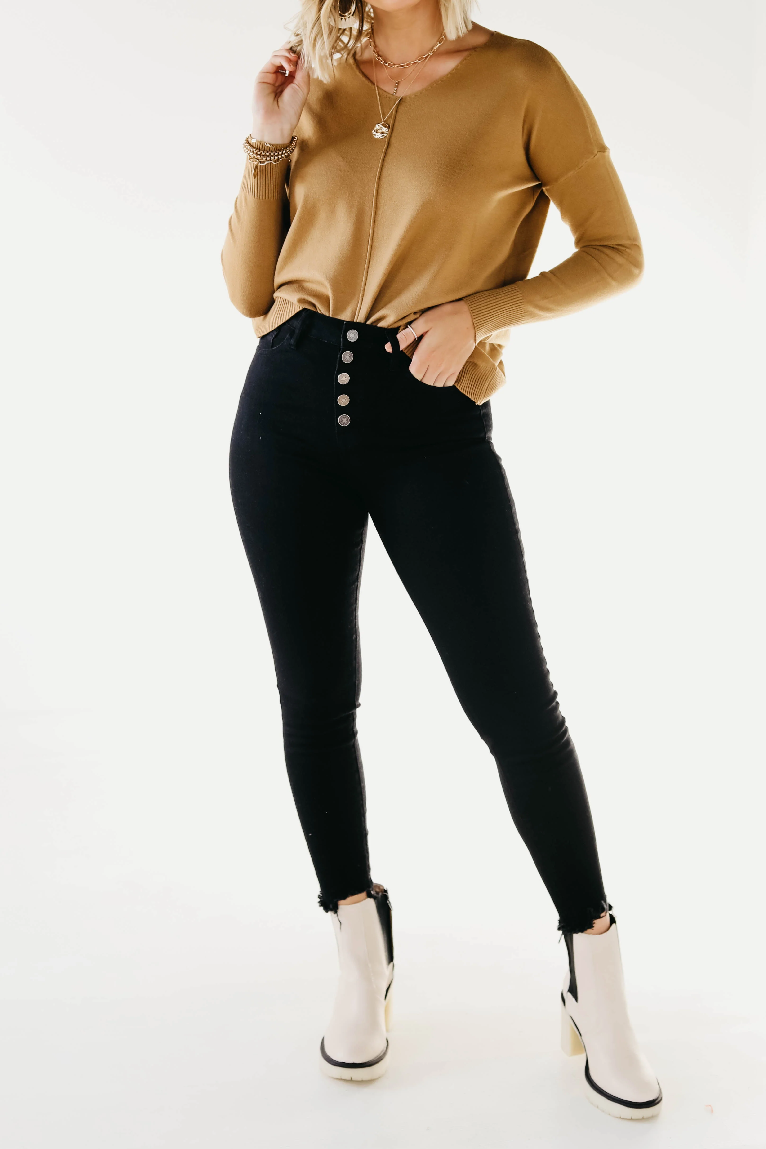 Kan Can 11 Inch High Rise Button Skinny Denim - Image 9