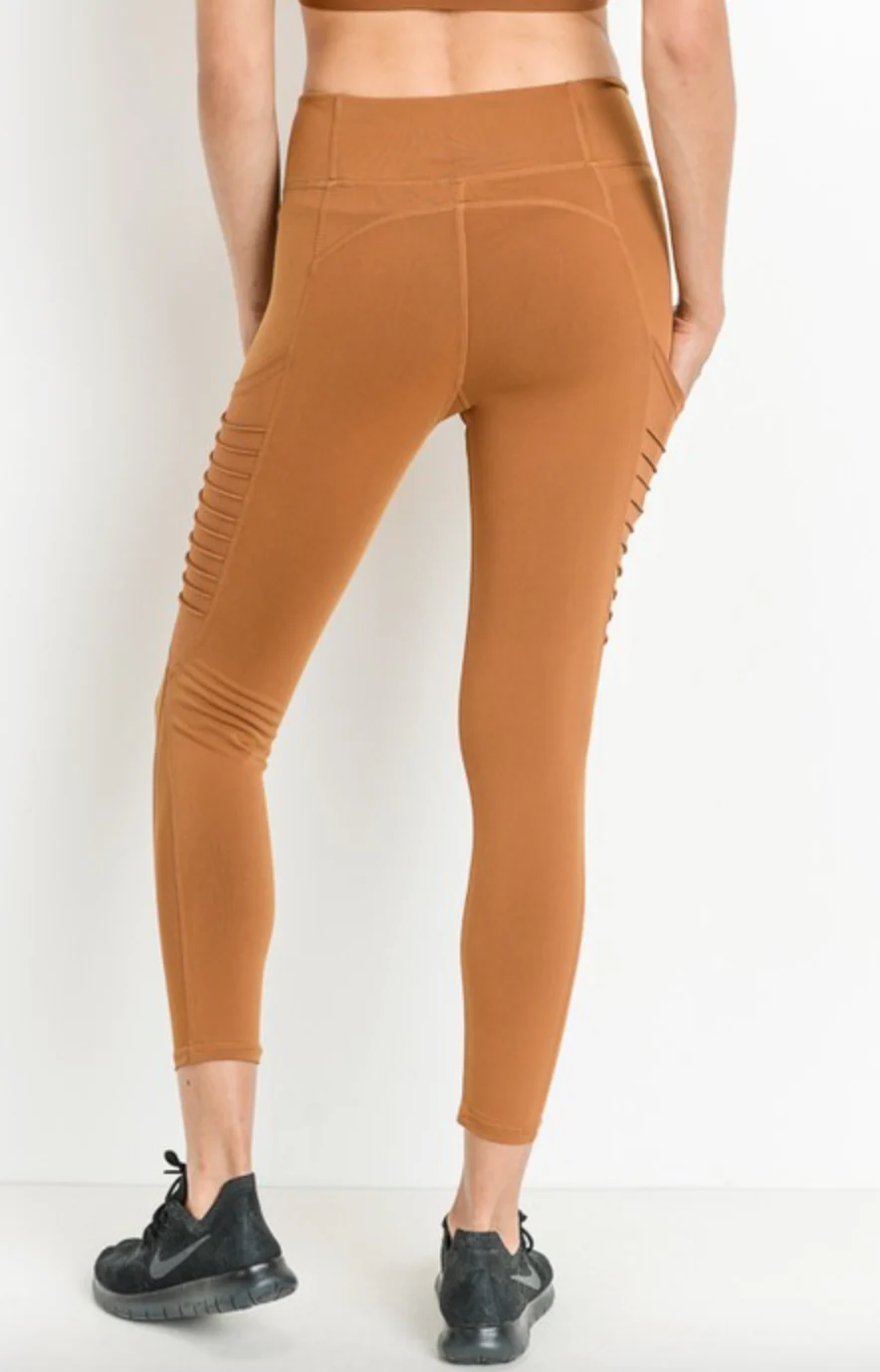 Moto Ribbed Splice Mesh Pocket Full Leggings-Camel -(Final Sale) - Image 3