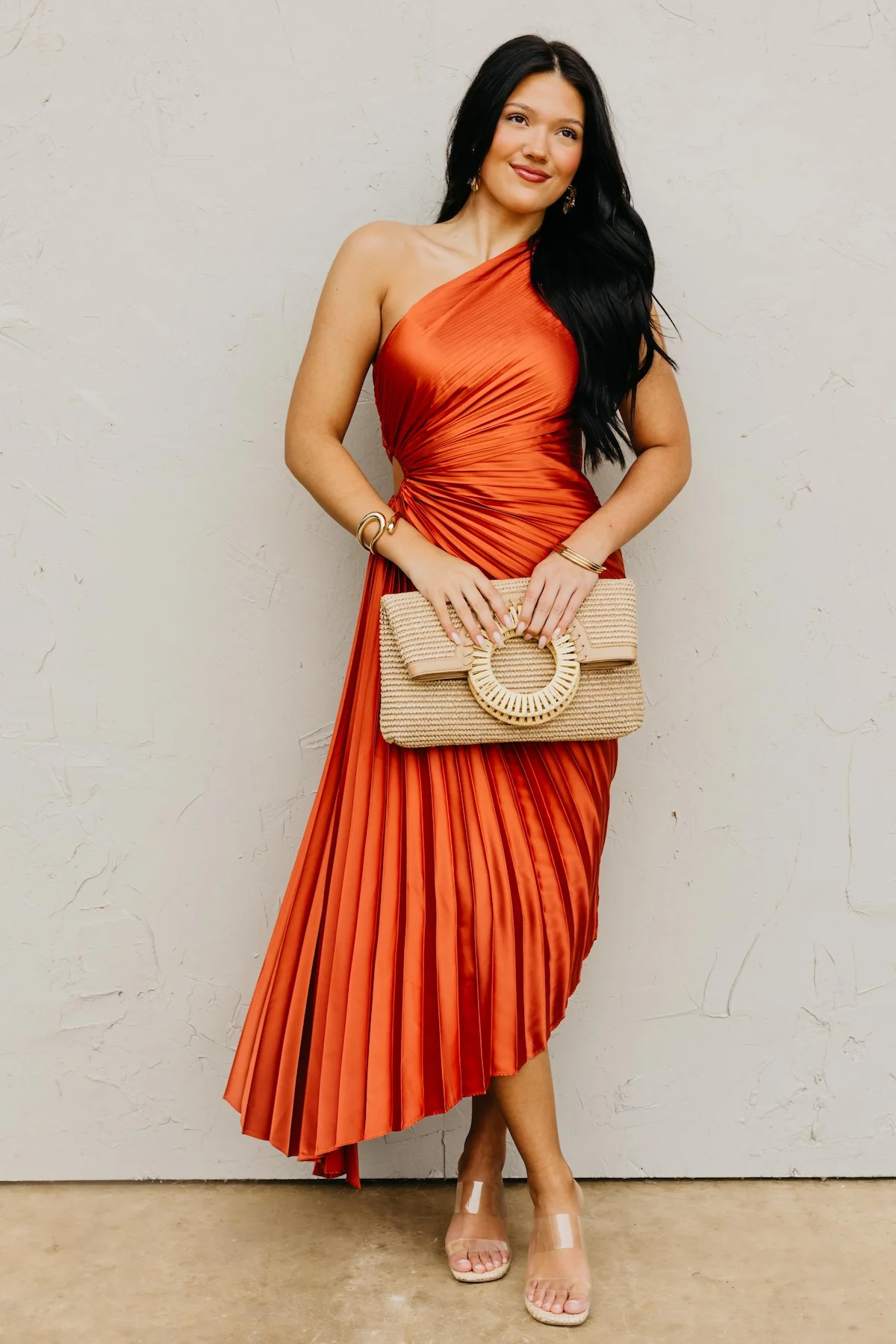 The Damian Pleated One Shoulder Midi Dress
