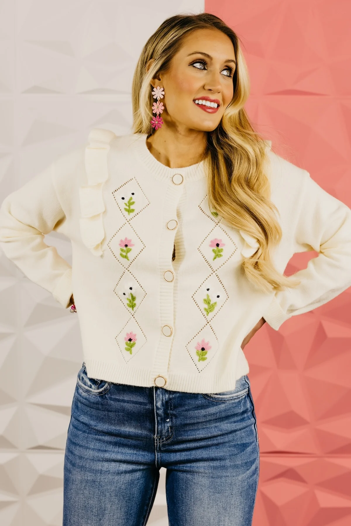The Everly Crochet Ruffle Button-Down Cardigan - Image 10