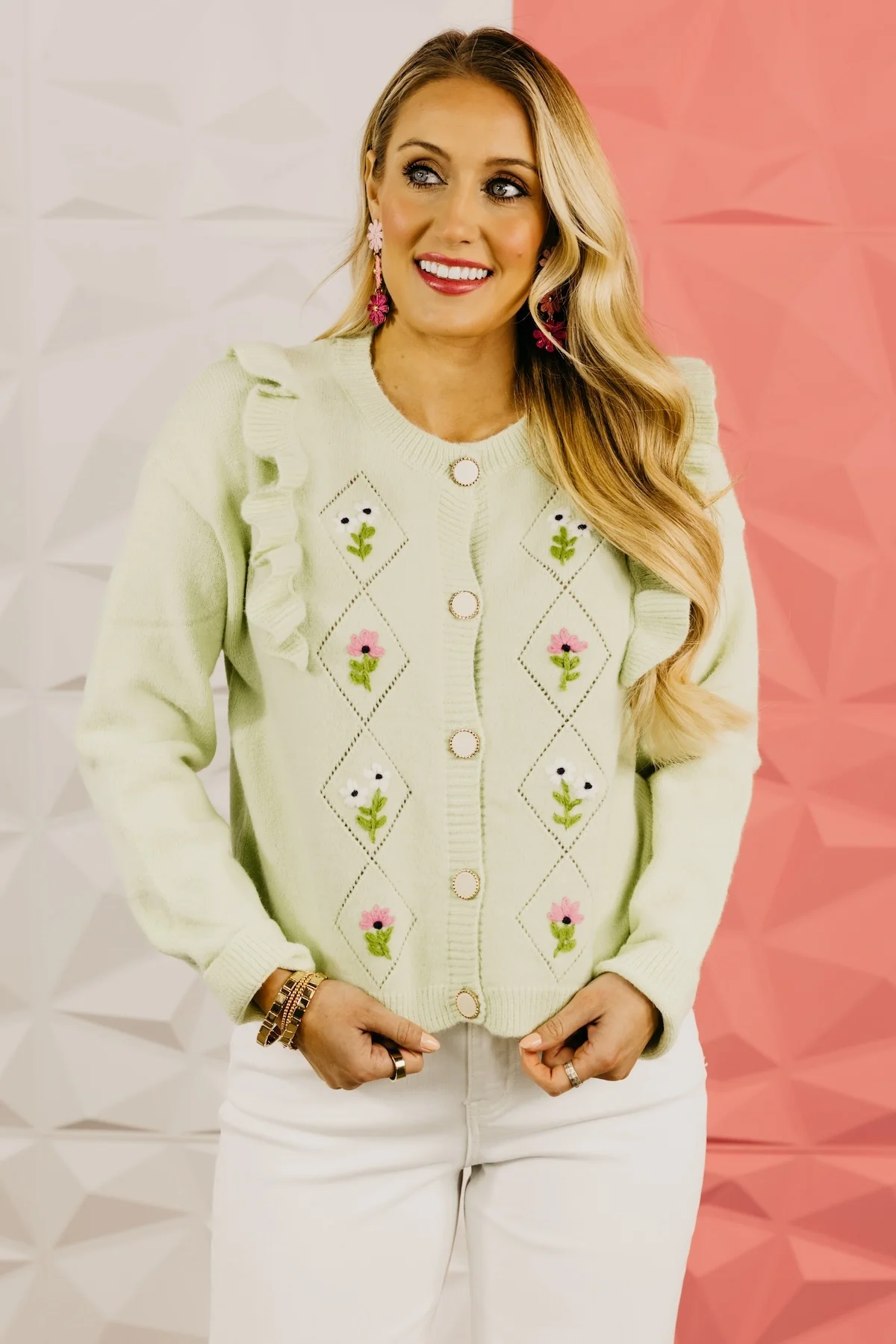The Everly Crochet Ruffle Button-Down Cardigan - Image 6