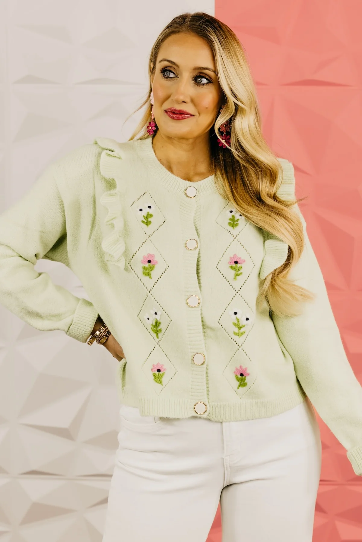 The Everly Crochet Ruffle Button-Down Cardigan - Image 7