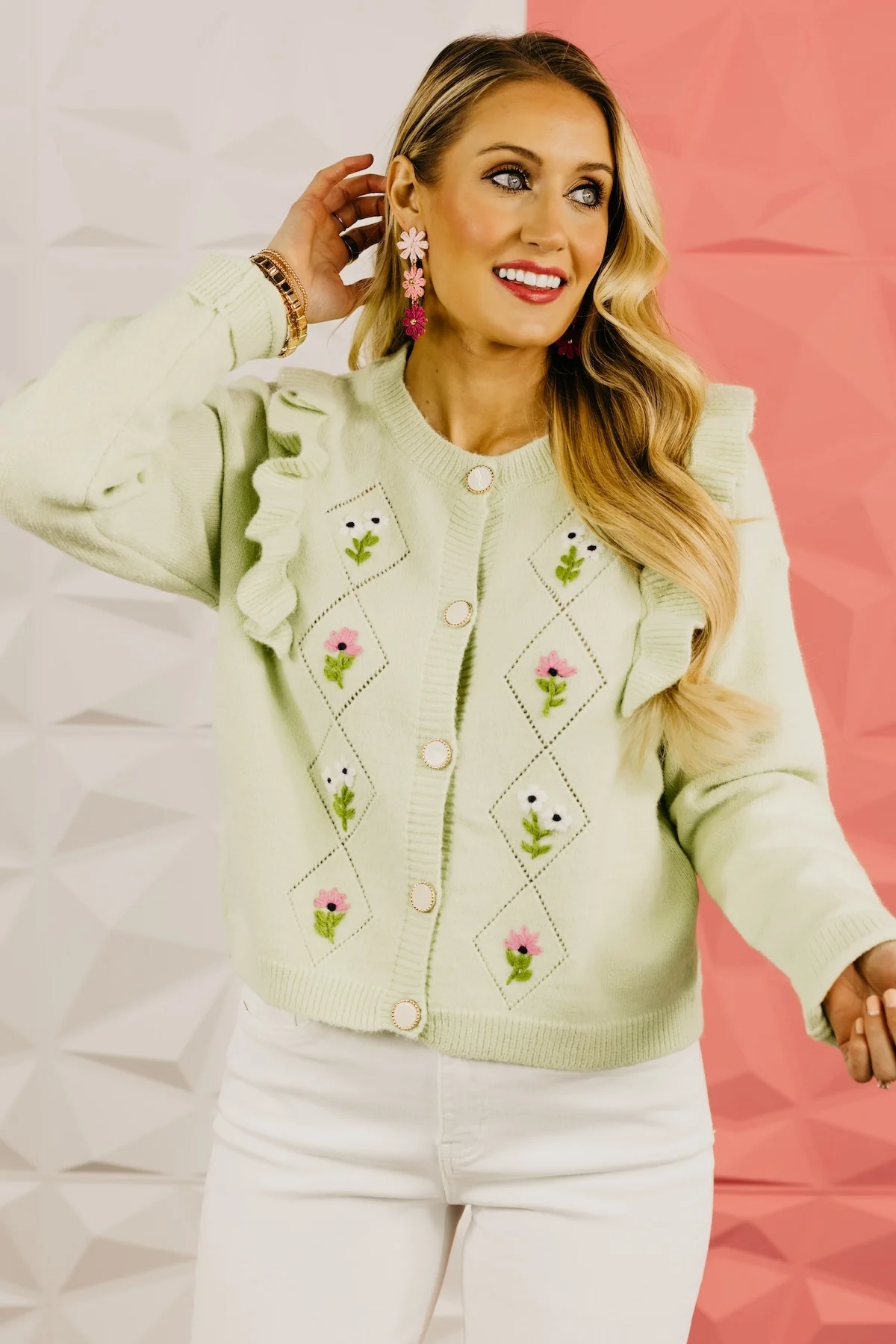 The Everly Crochet Ruffle Button-Down Cardigan - Image 8