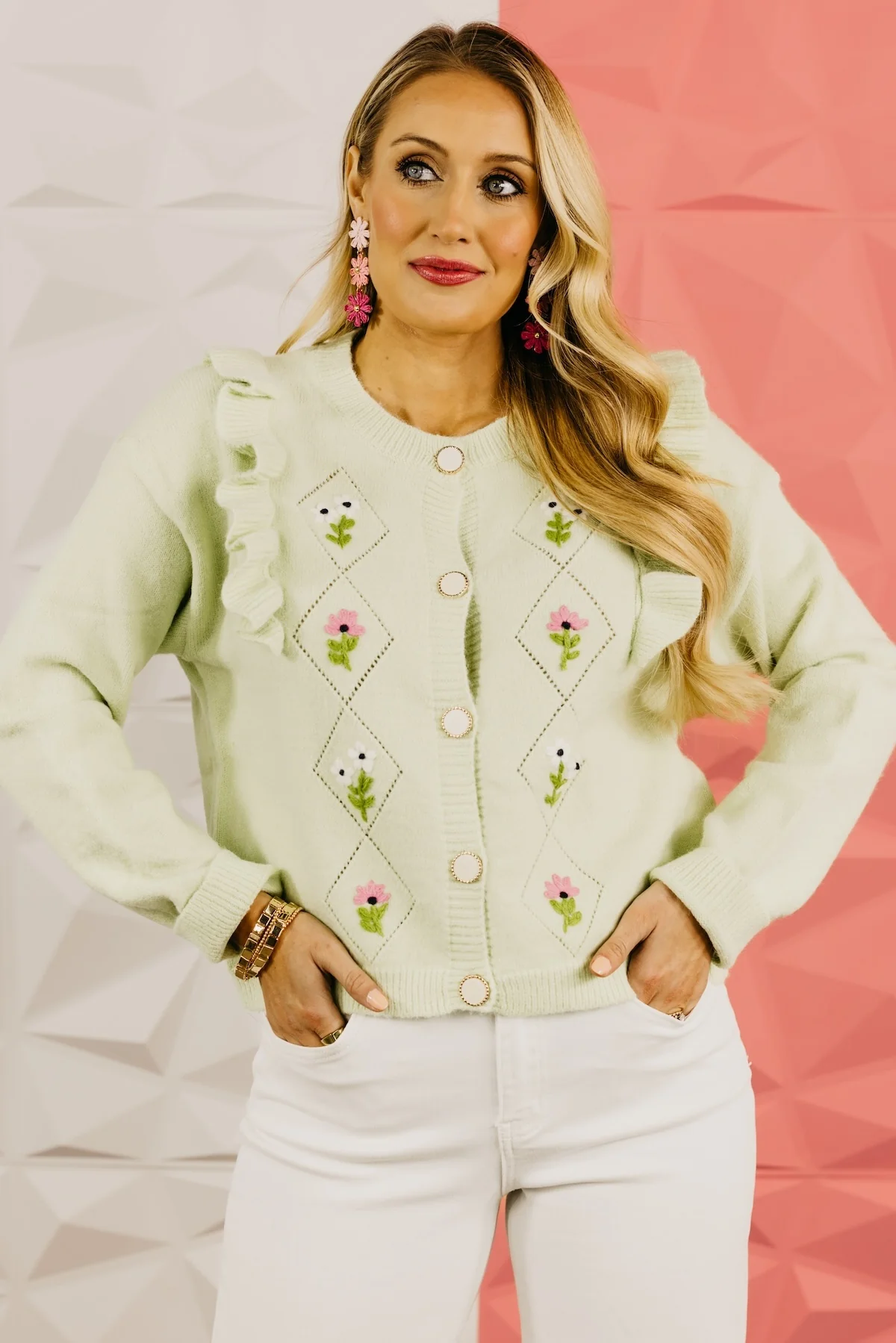 The Everly Crochet Ruffle Button-Down Cardigan - Image 9
