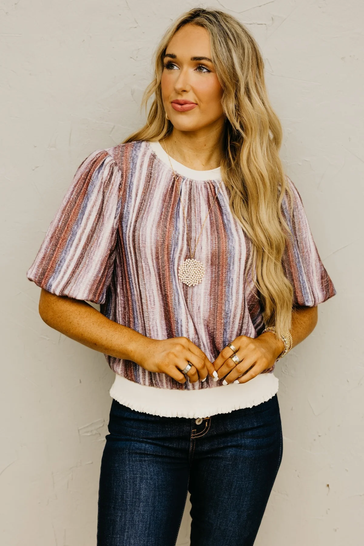 The Fletcher Striped Ombre Bubble Sleeve Sweater - Image 7