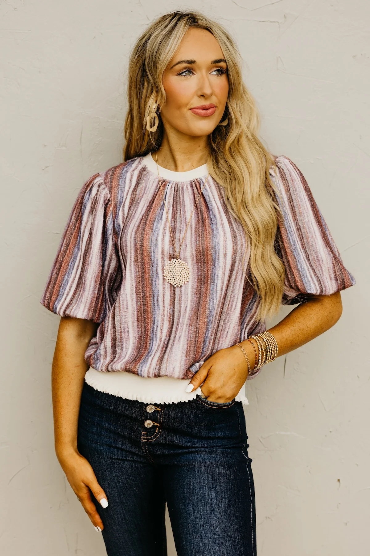 The Fletcher Striped Ombre Bubble Sleeve Sweater - Image 9