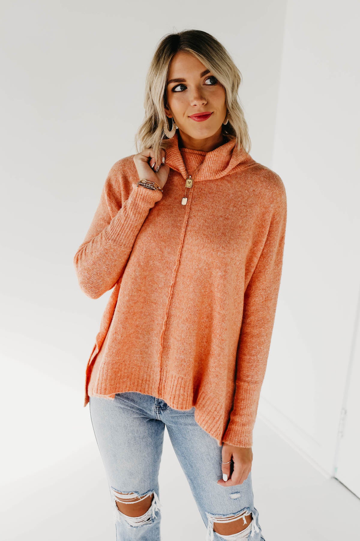 The Jack Cowl Neck Seam Dolman Sweater - Orange - Image 6