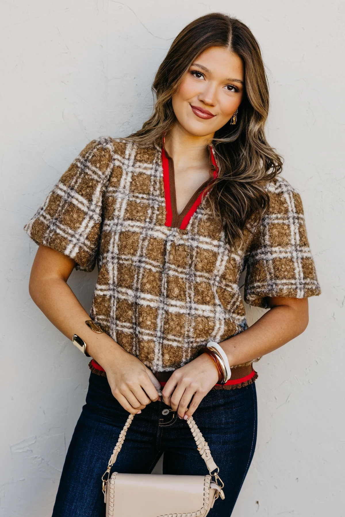 The Kynn Striped Band Detailed Plaid Sherpa Top