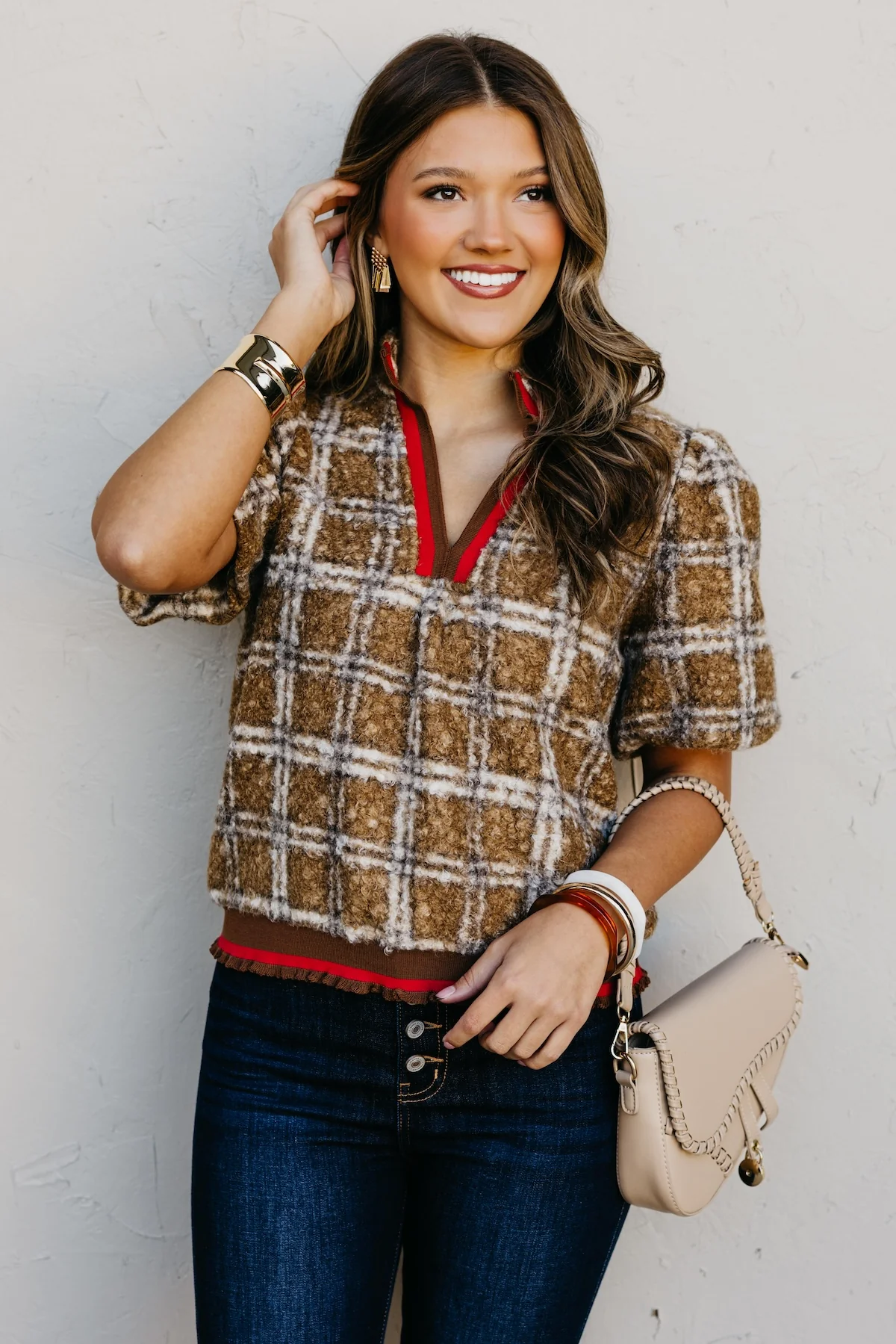 The Kynn Striped Band Detailed Plaid Sherpa Top - Image 4
