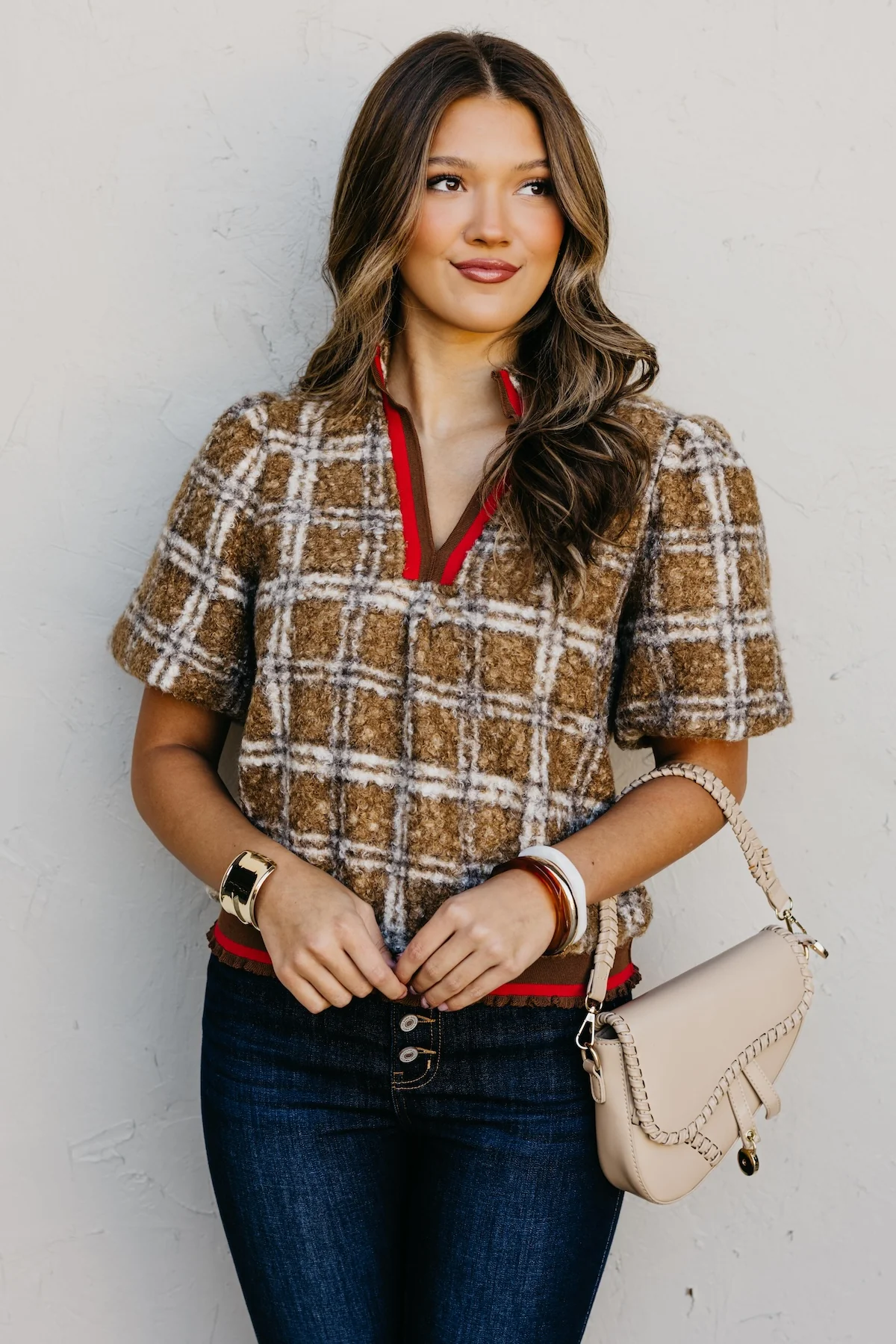 The Kynn Striped Band Detailed Plaid Sherpa Top - Image 5