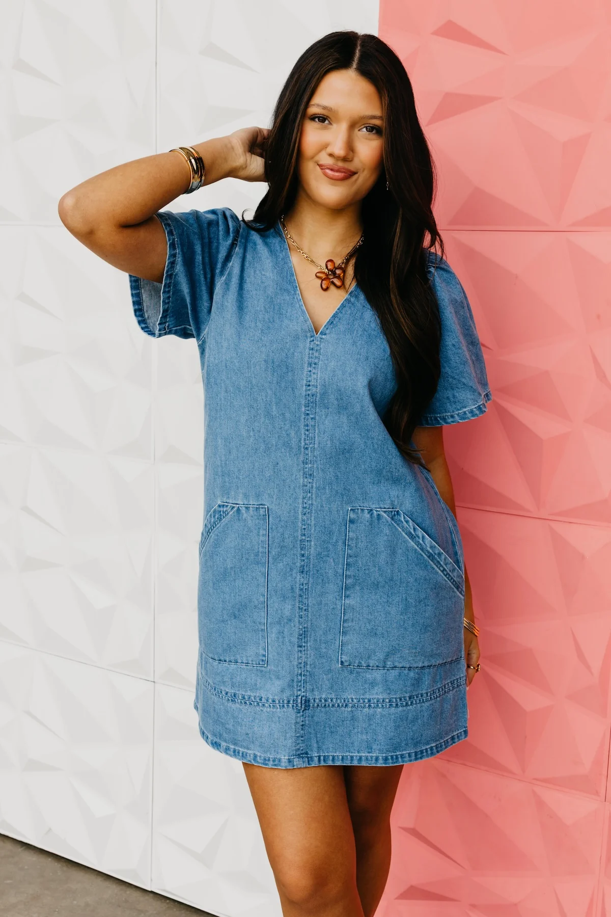 The Lena V-Neck Denim Mini Dress - Image 3