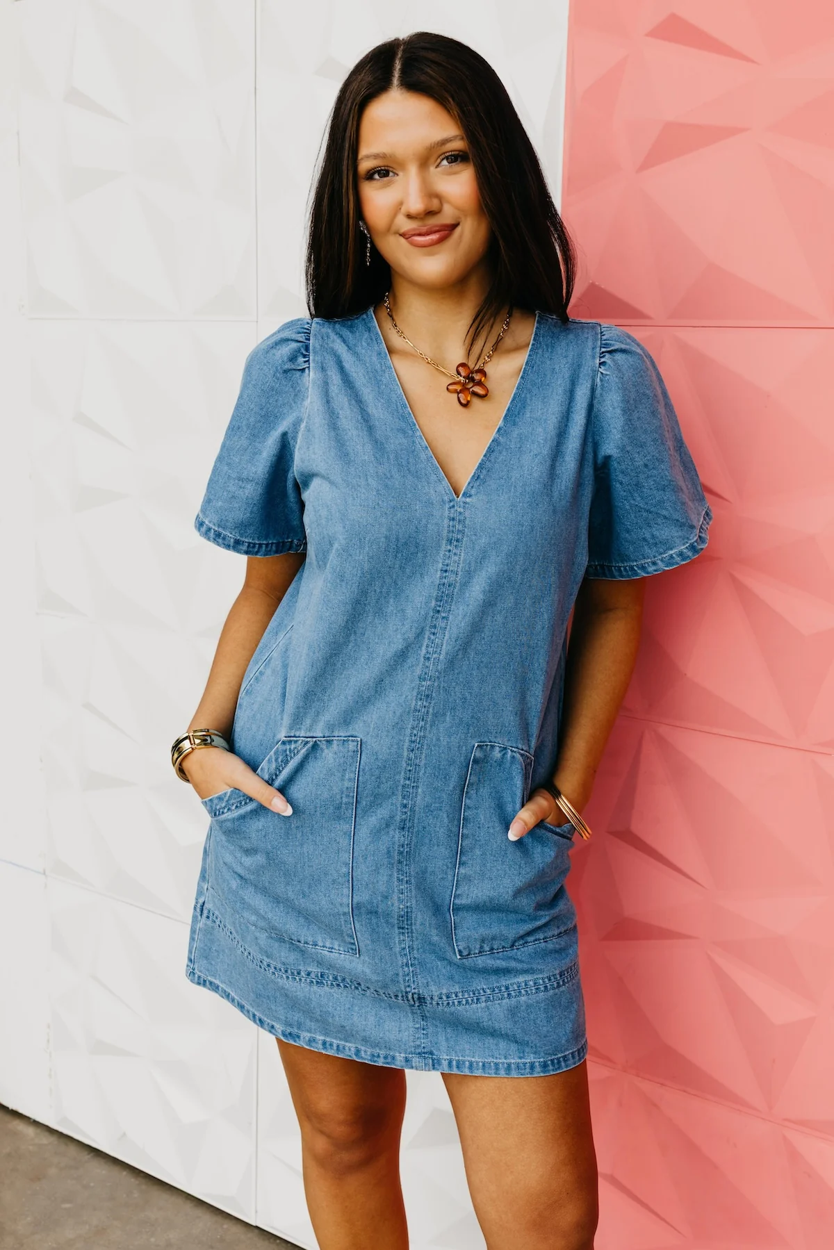 The Lena V-Neck Denim Mini Dress - Image 6