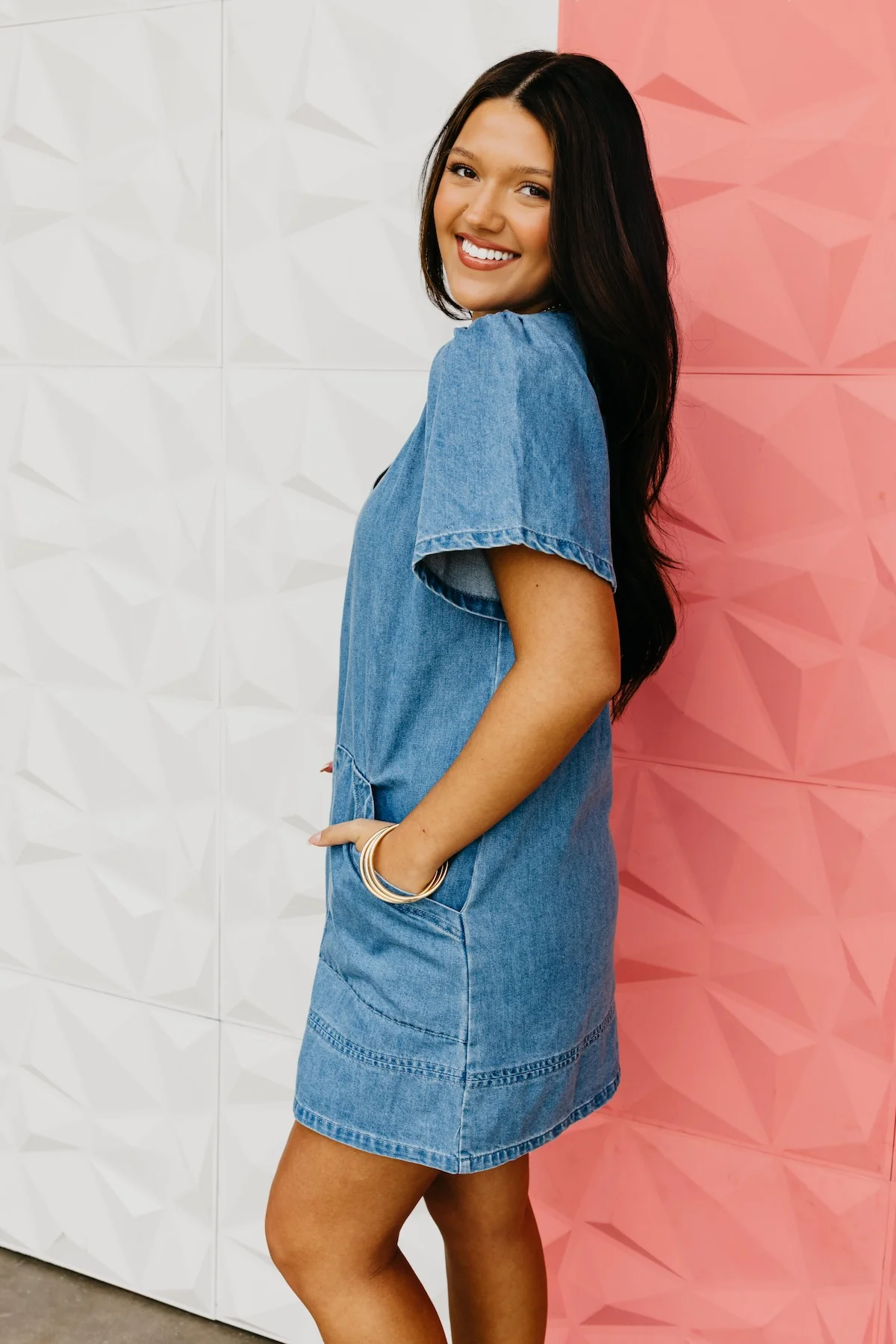 The Lena V-Neck Denim Mini Dress - Image 9