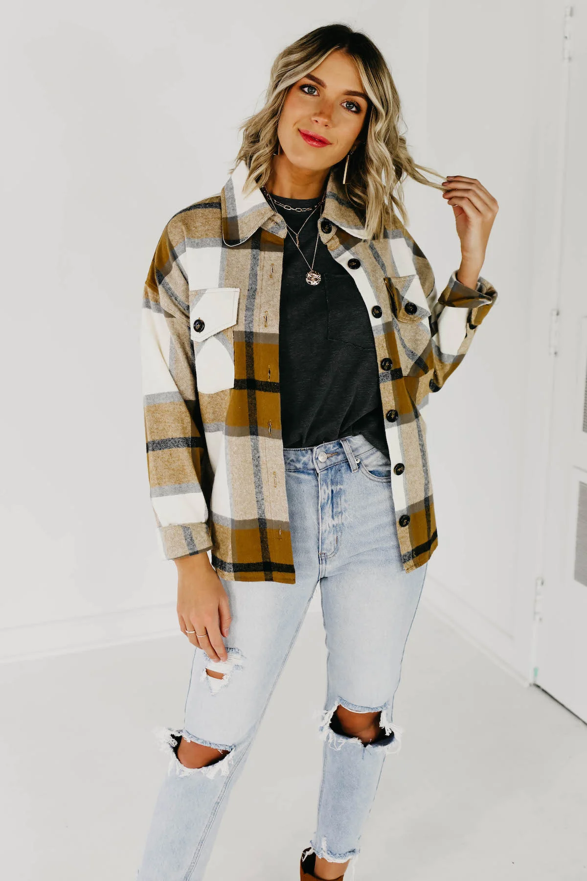 The Lia Plaid Shacket - Camel Multi - Image 3