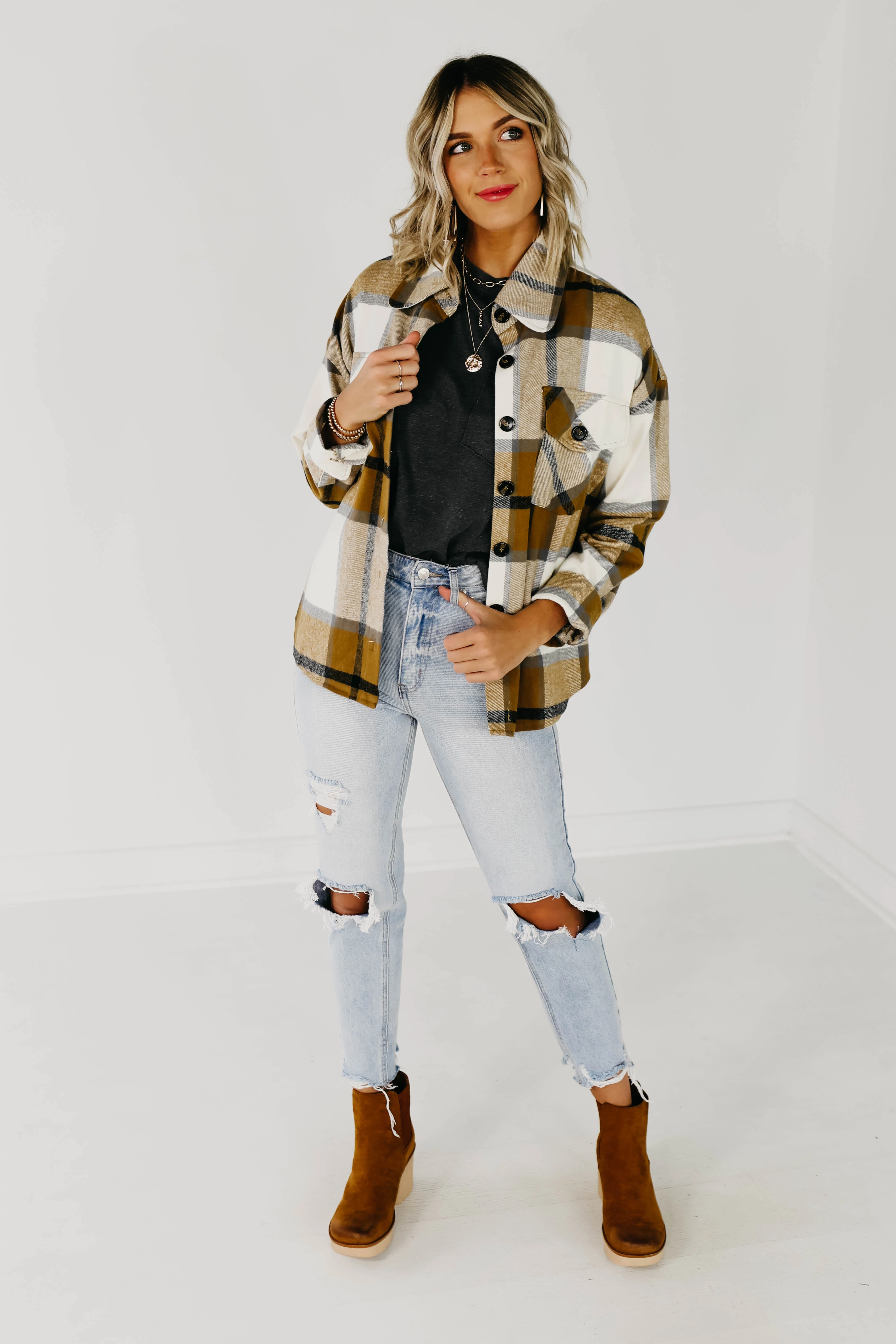 The Lia Plaid Shacket - Camel Multi - Image 4