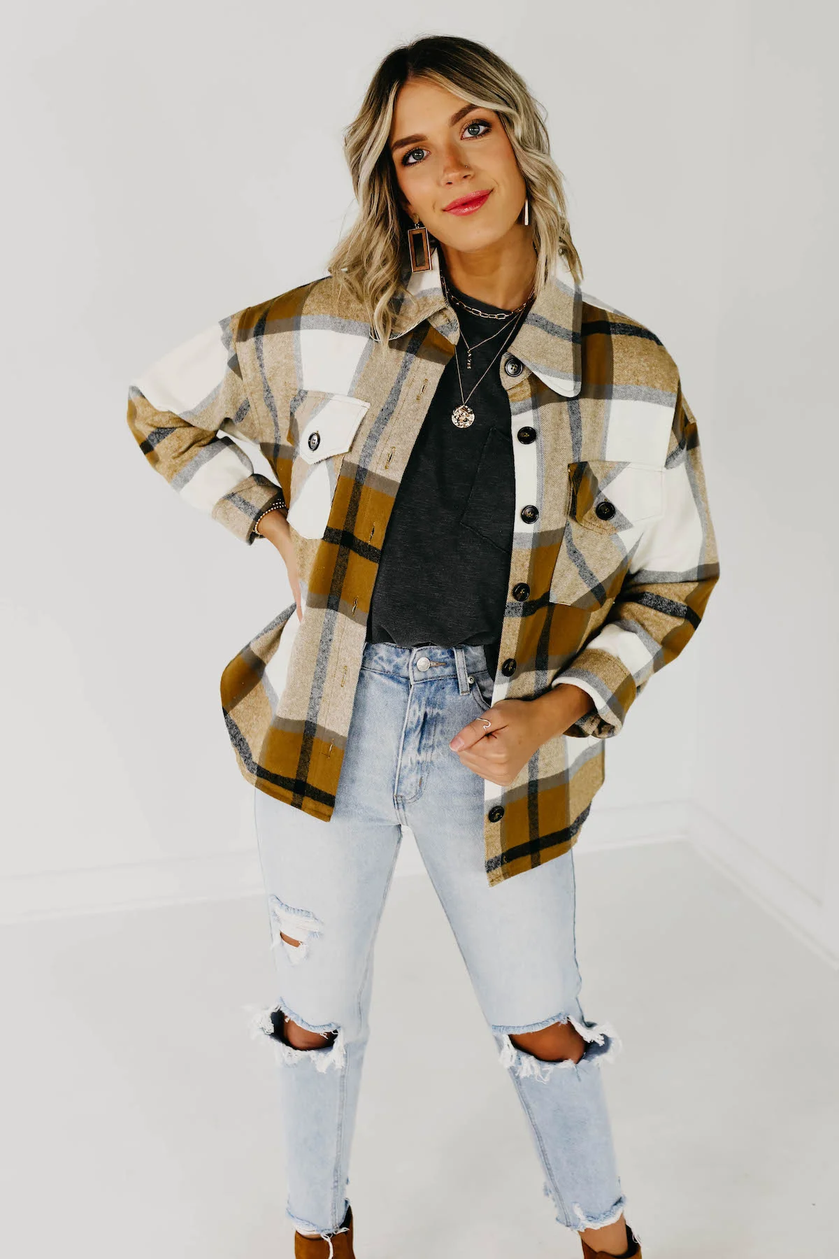 The Lia Plaid Shacket - Camel Multi - Image 5