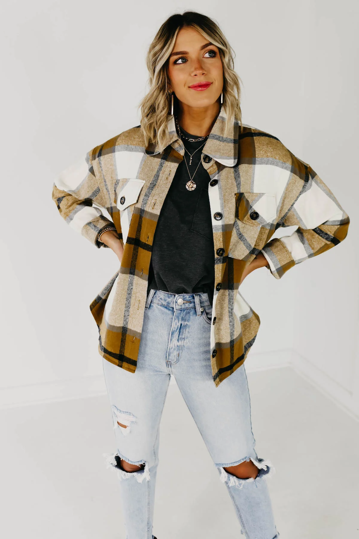 The Lia Plaid Shacket - Camel Multi - Image 6
