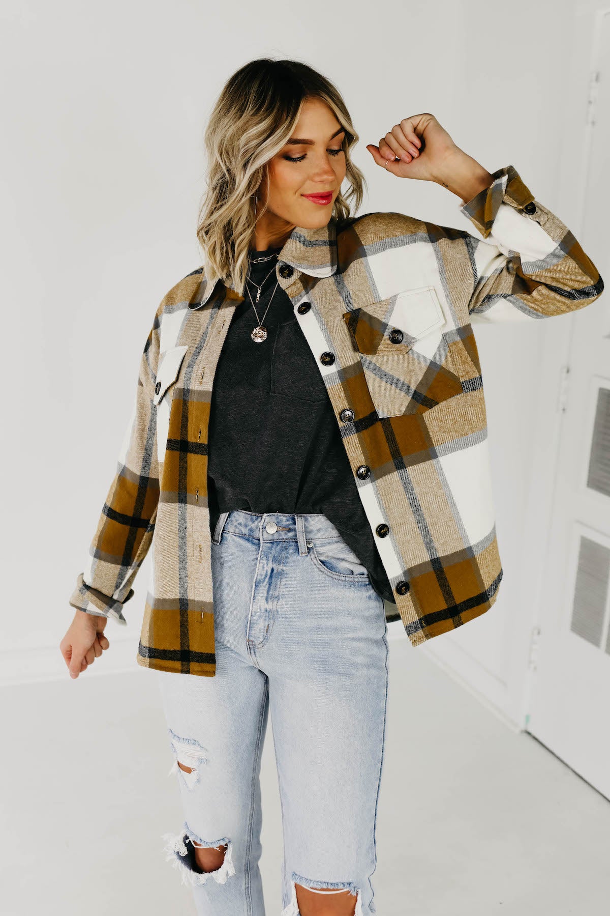 The Lia Plaid Shacket - Camel Multi - Image 7