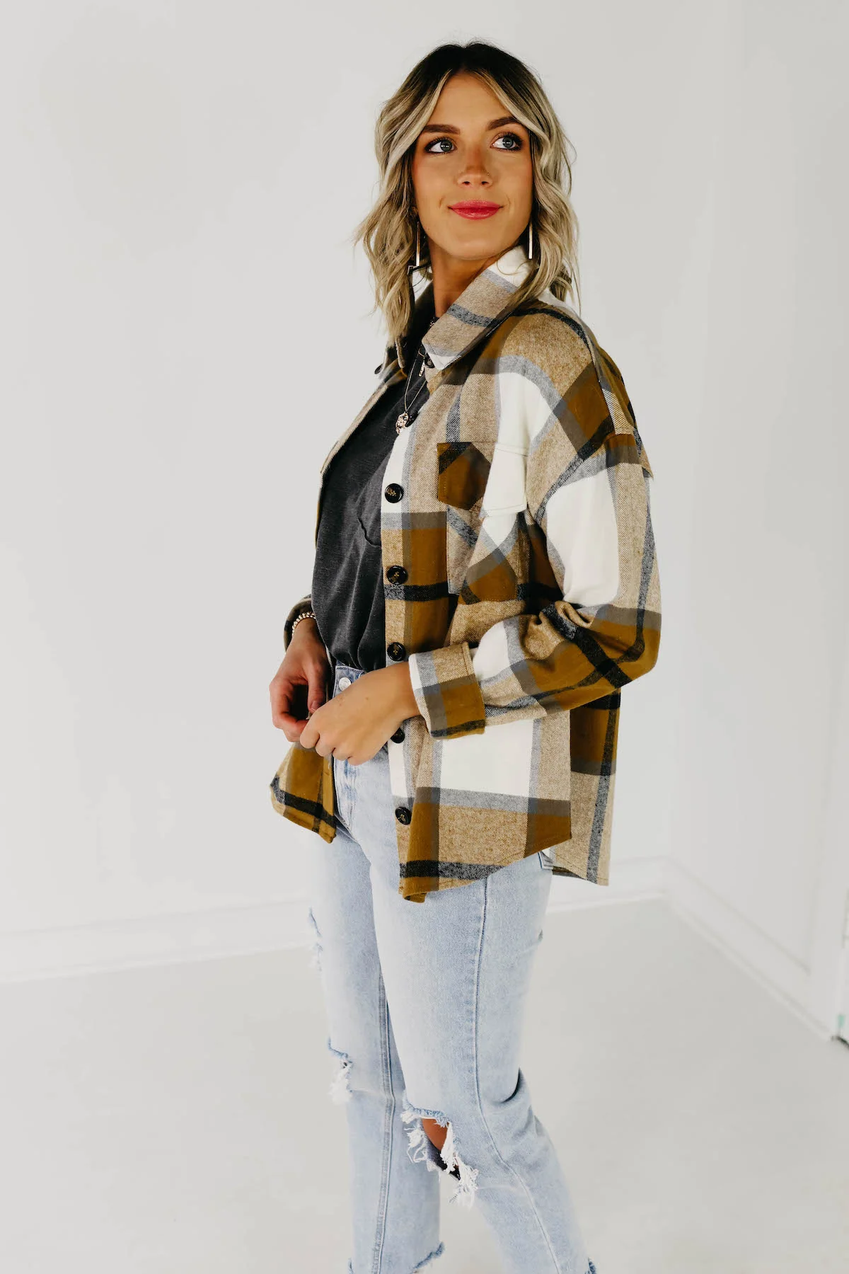 The Lia Plaid Shacket - Camel Multi - Image 8