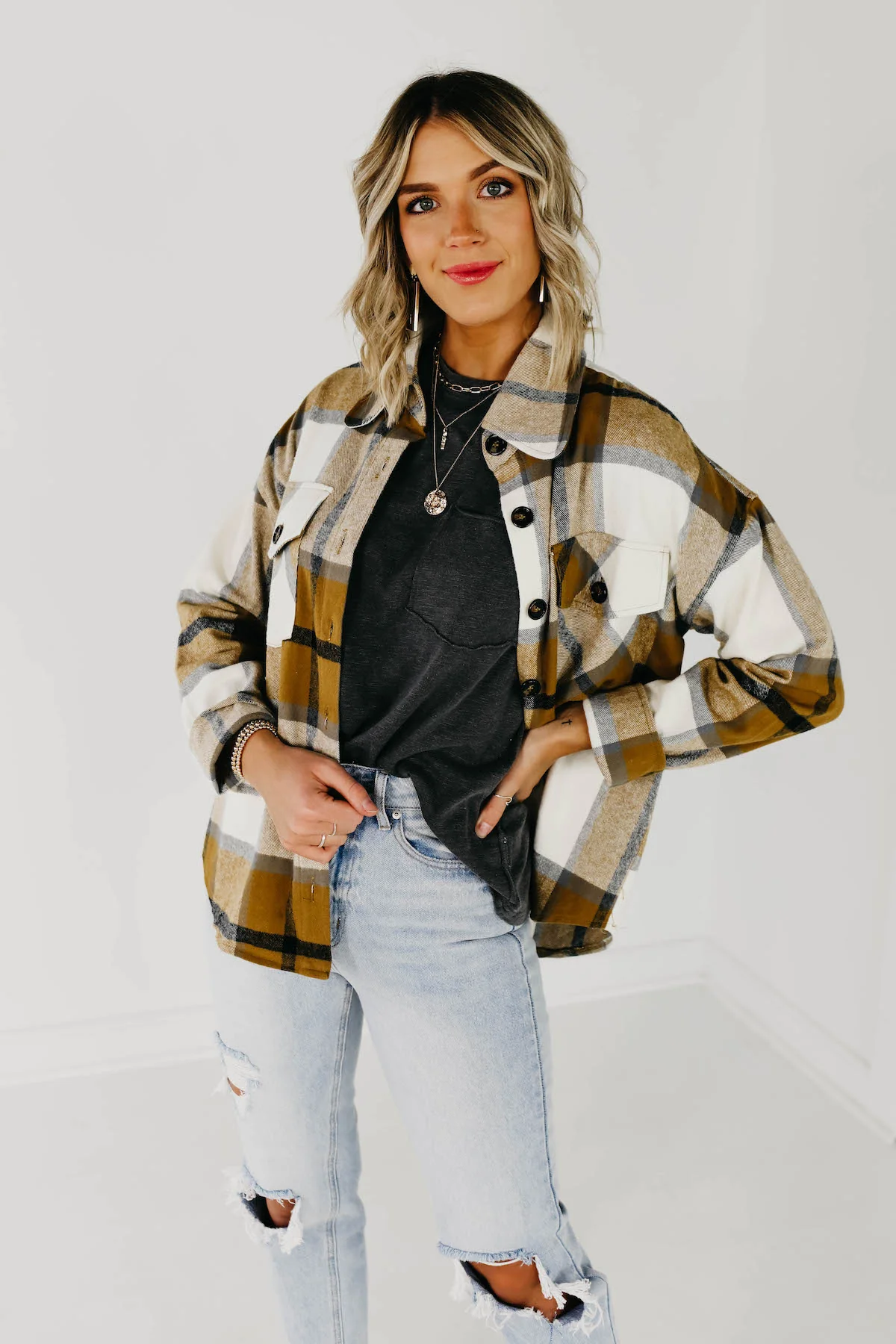 The Lia Plaid Shacket - Camel Multi - Image 9