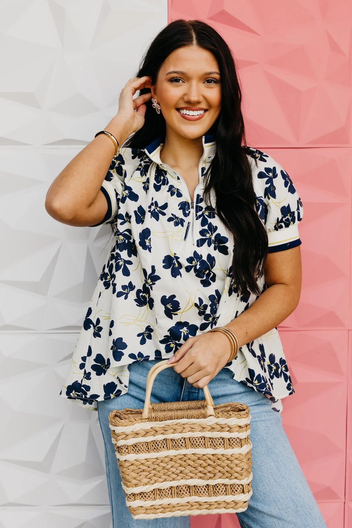 The Patsy Quarter Zip Floral Hi-Lo Top