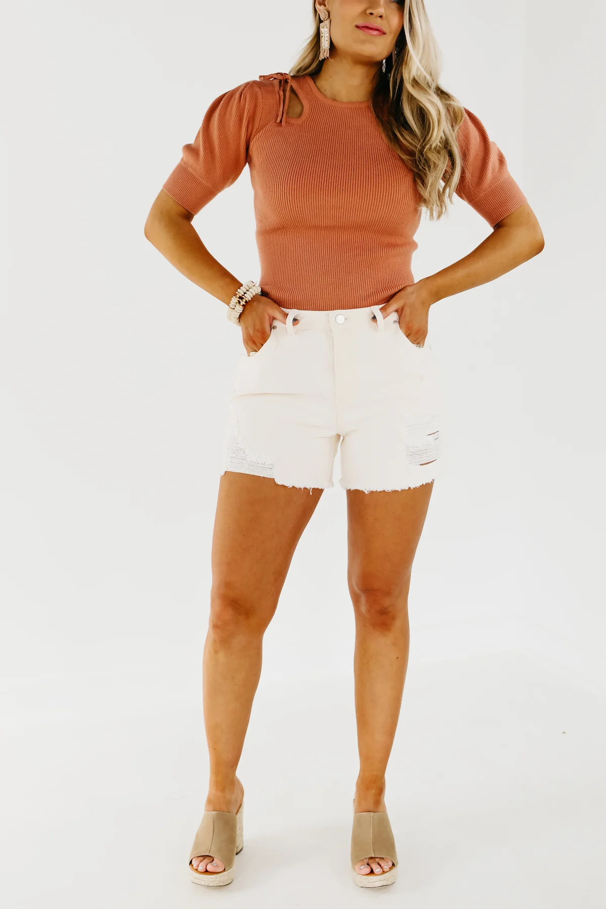 The Remi Distressed Cream Shorts - FINAL SALE - Image 9