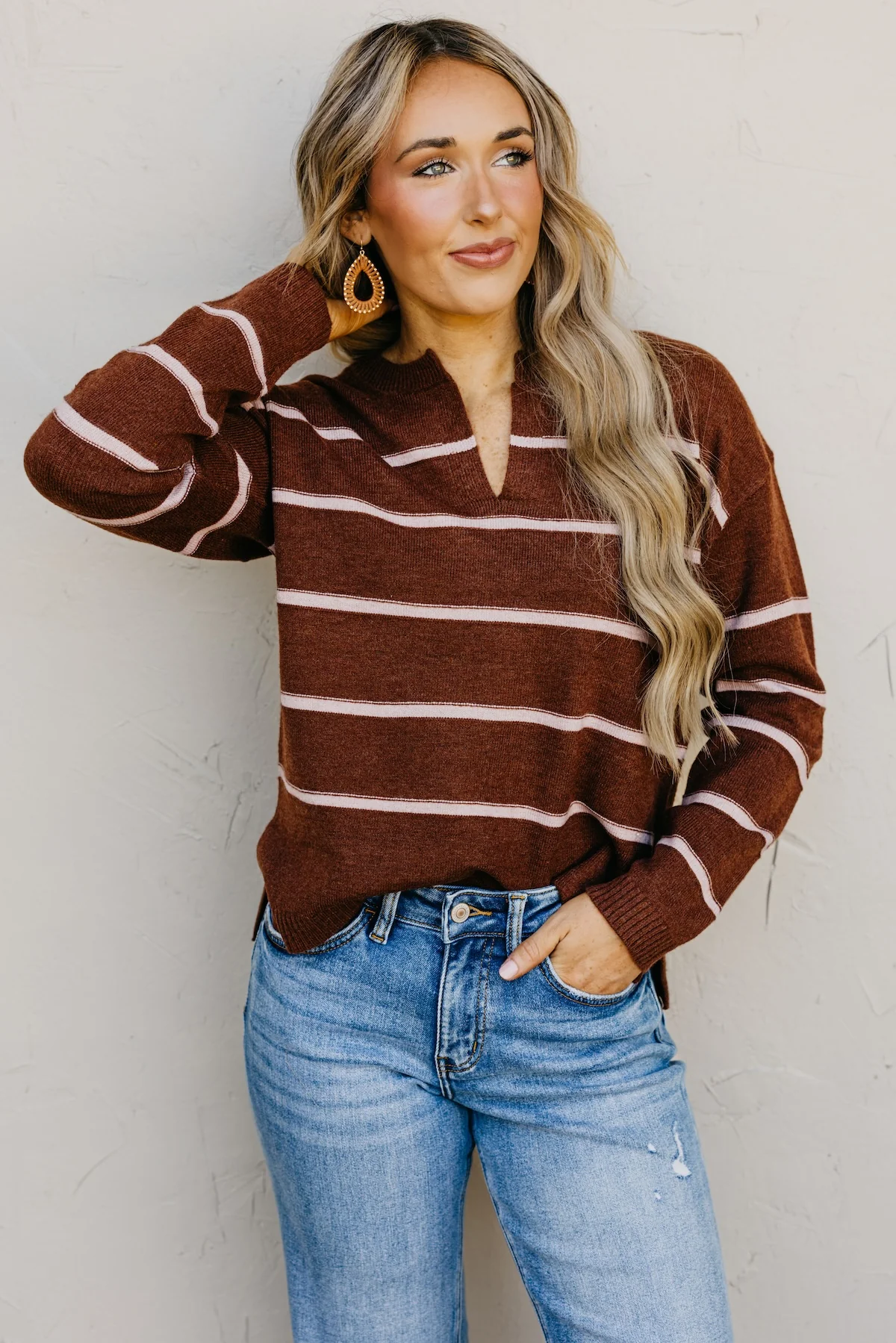 The Rita Striped Notched V Neckline Sweater