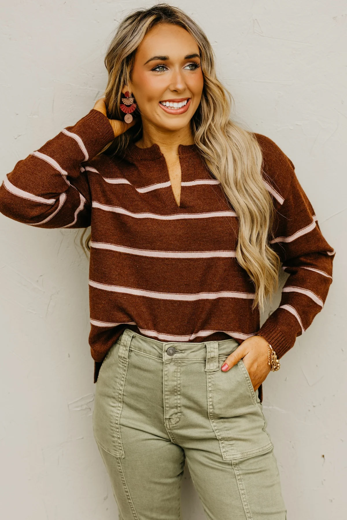 The Rita Striped Notched V Neckline Sweater - Image 15