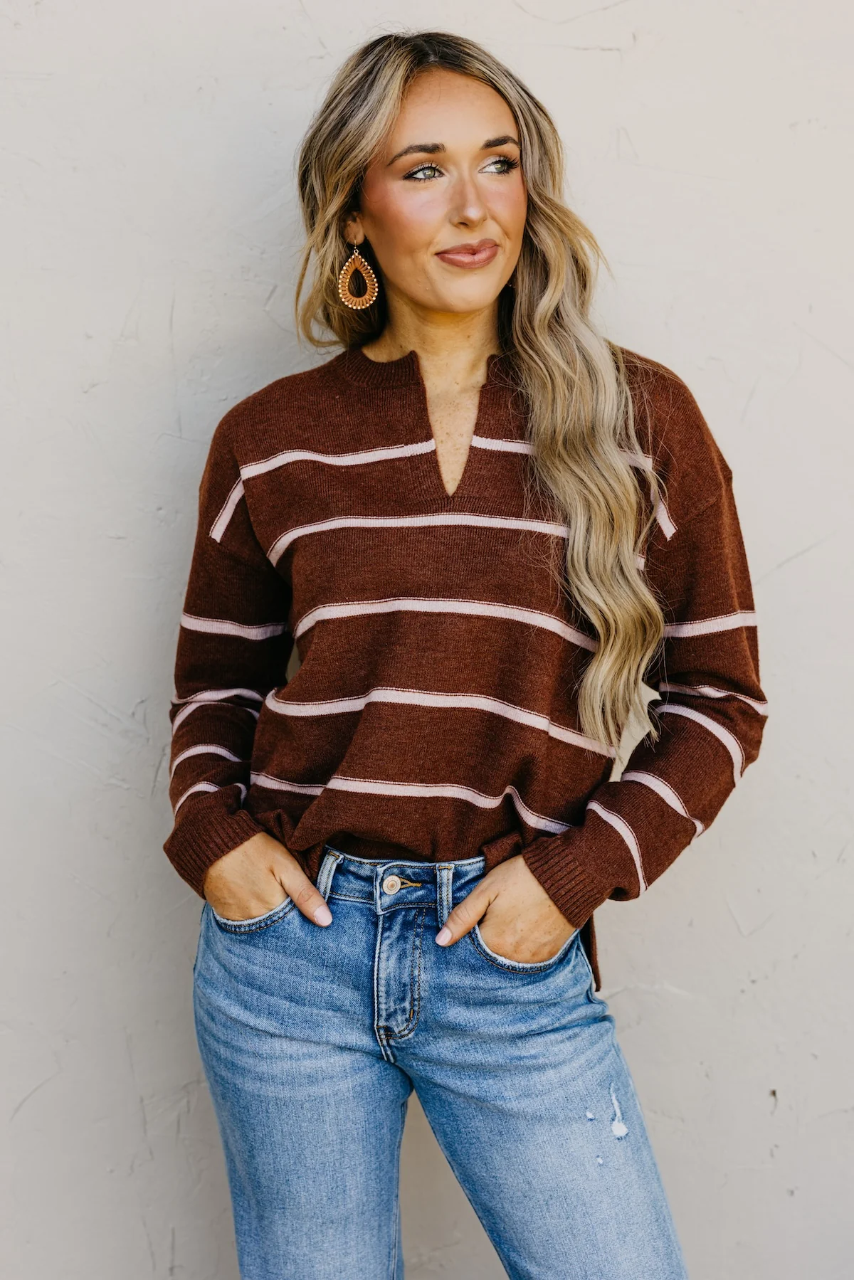 The Rita Striped Notched V Neckline Sweater - Image 2