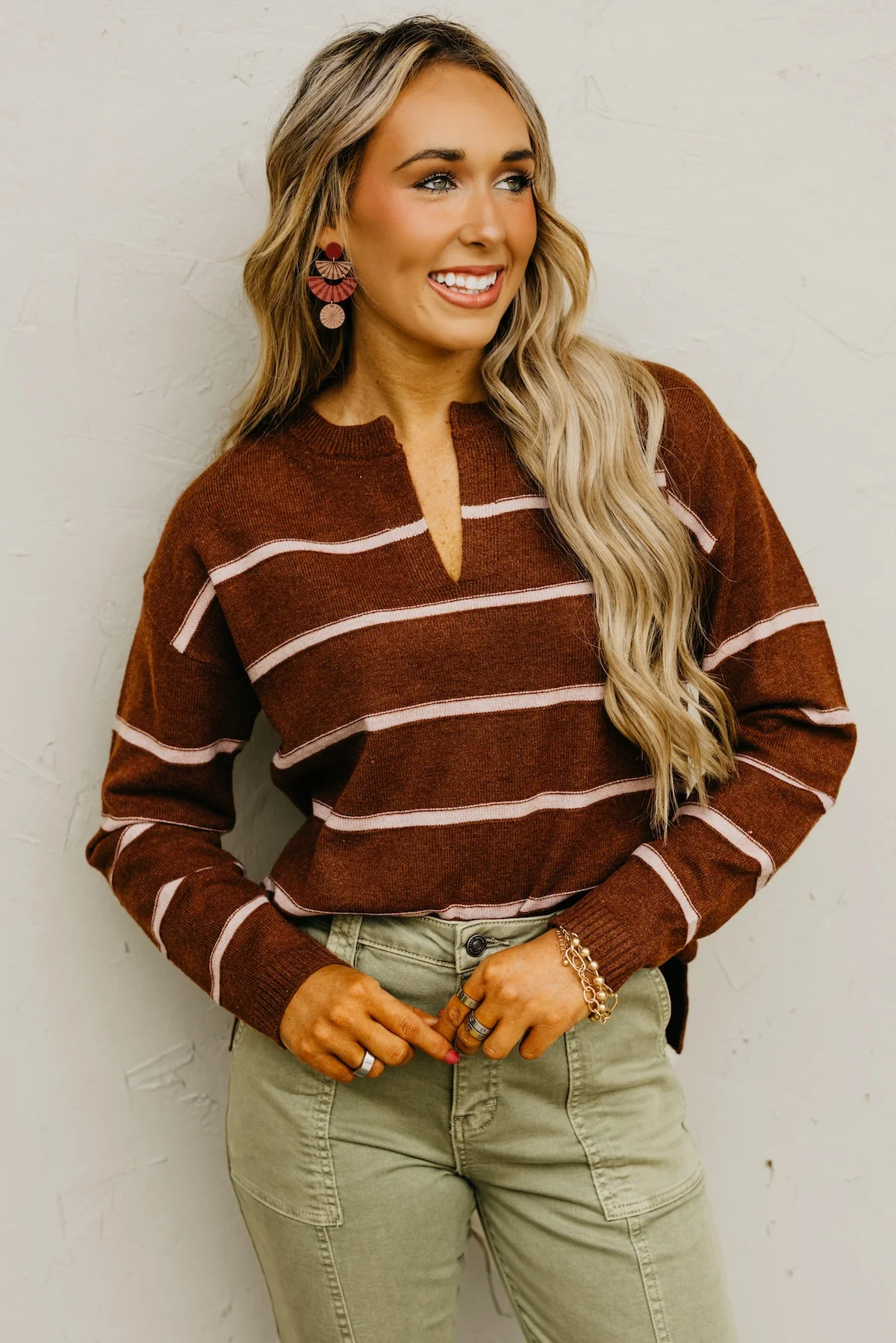The Rita Striped Notched V Neckline Sweater - Image 3