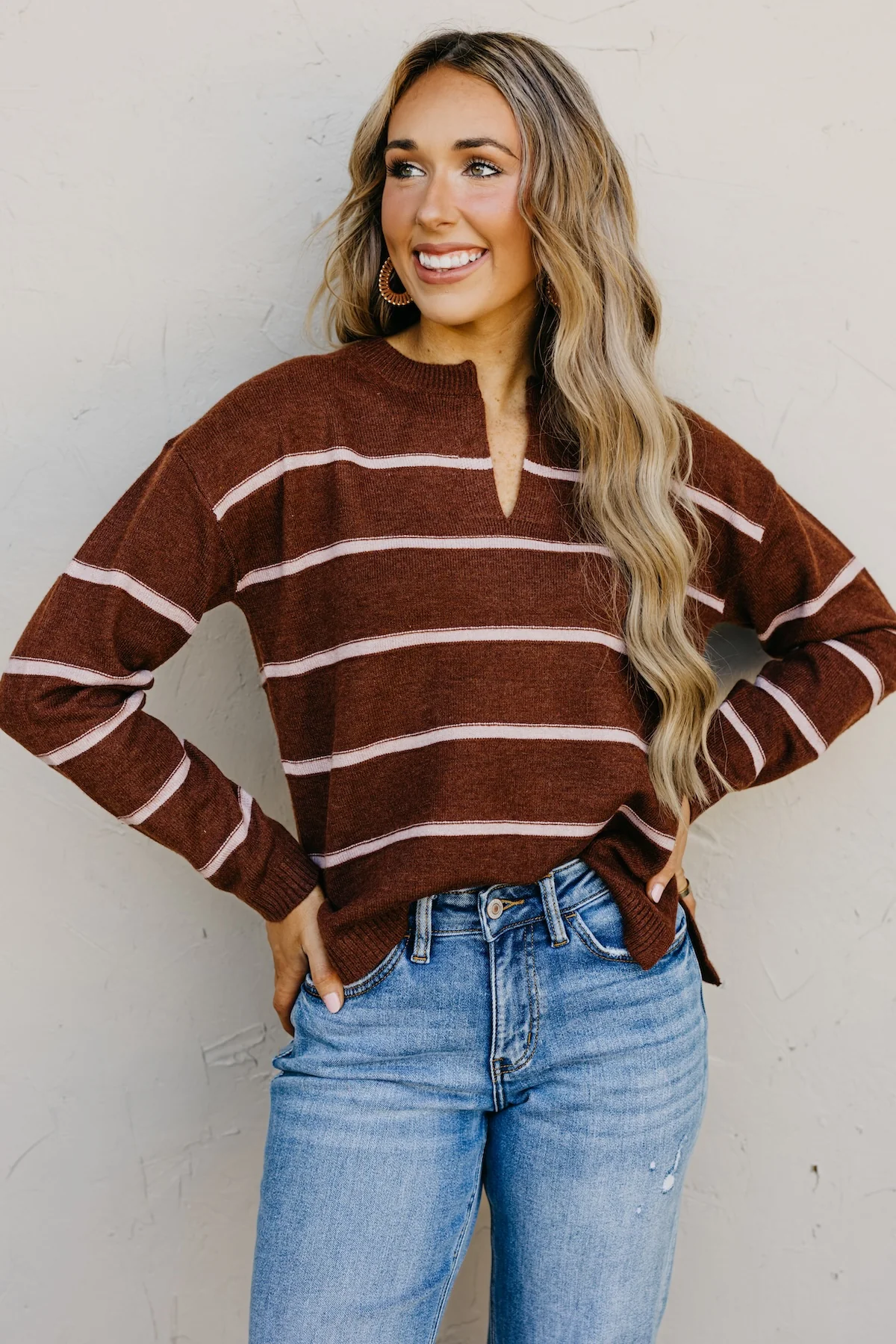 The Rita Striped Notched V Neckline Sweater - Image 5