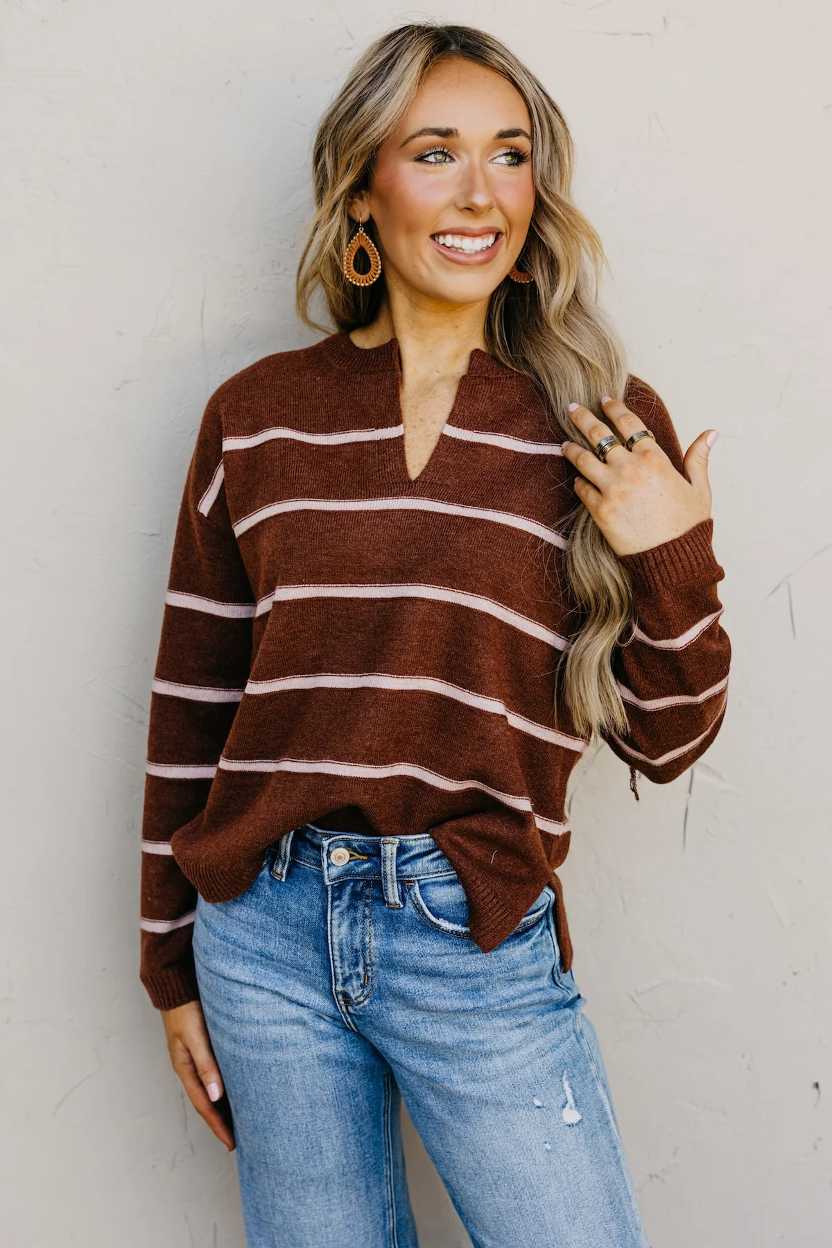 The Rita Striped Notched V Neckline Sweater - Image 6