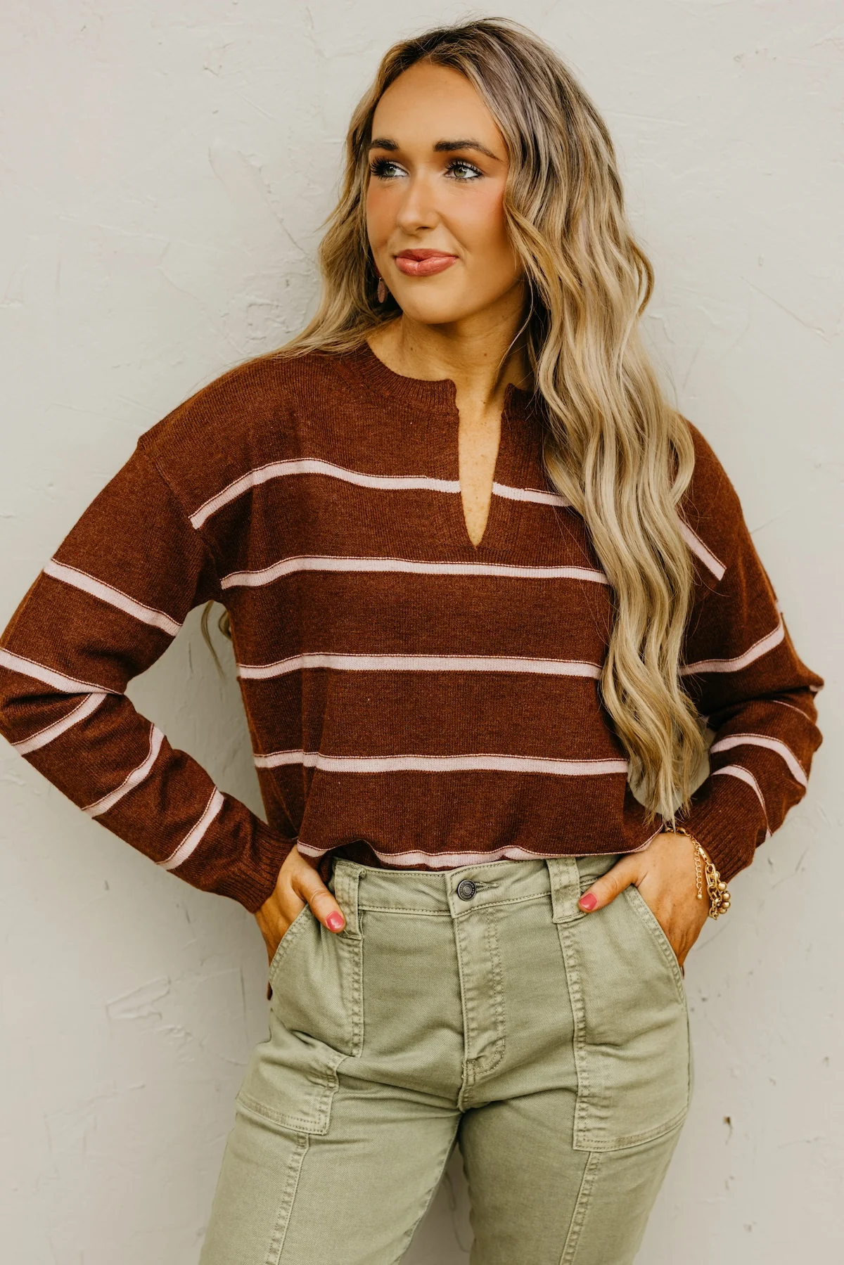 The Rita Striped Notched V Neckline Sweater - Image 9
