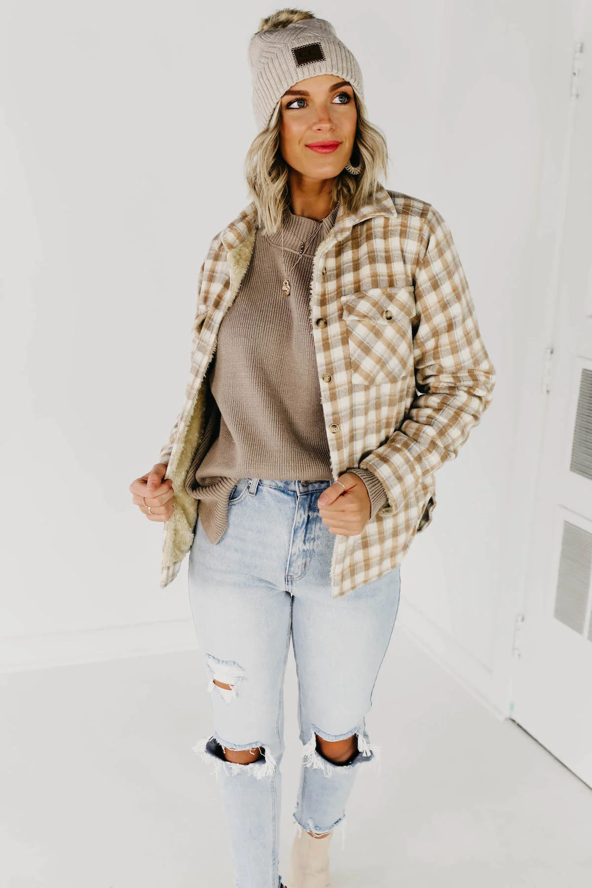 The Selena Plaid Faux Fur Shacket - Light Taupe - Image 3