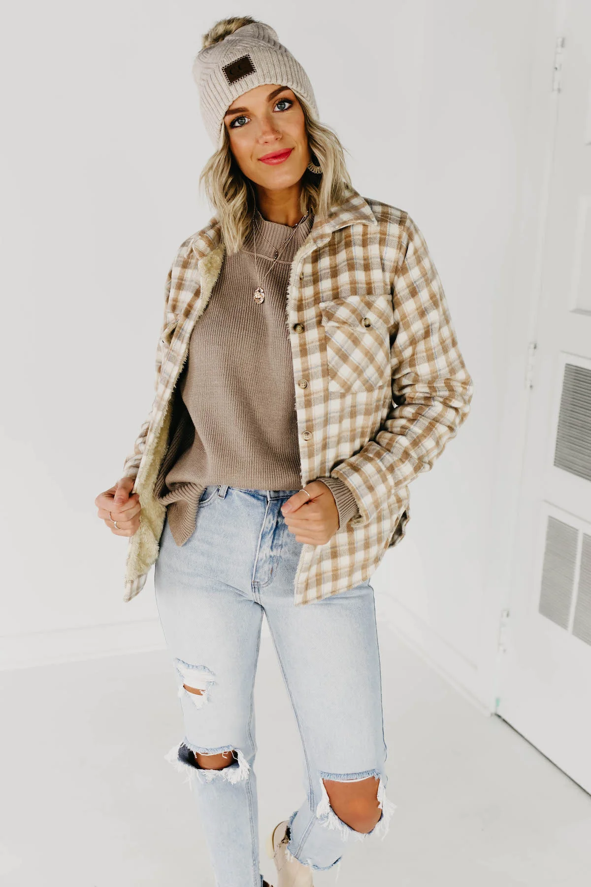 The Selena Plaid Faux Fur Shacket - Light Taupe - Image 4