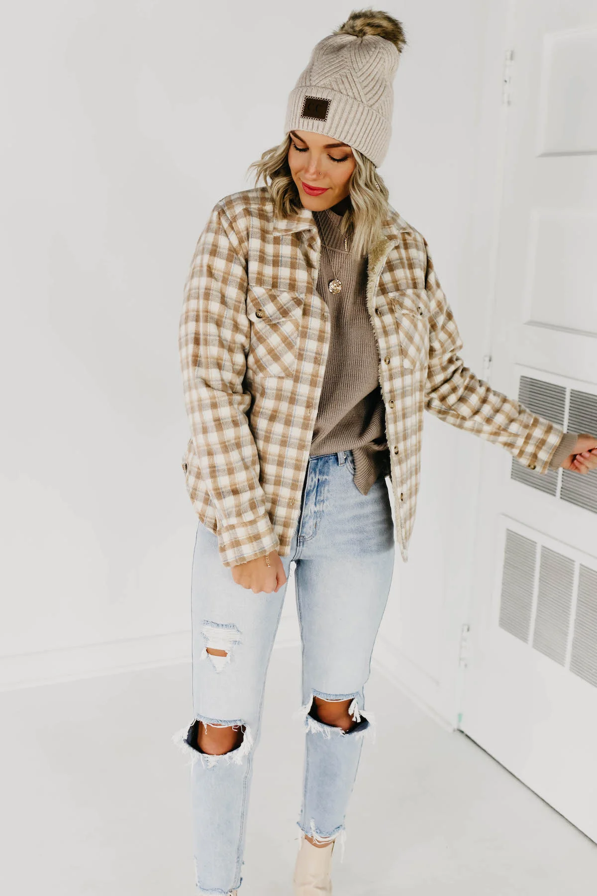 The Selena Plaid Faux Fur Shacket - Light Taupe - Image 5