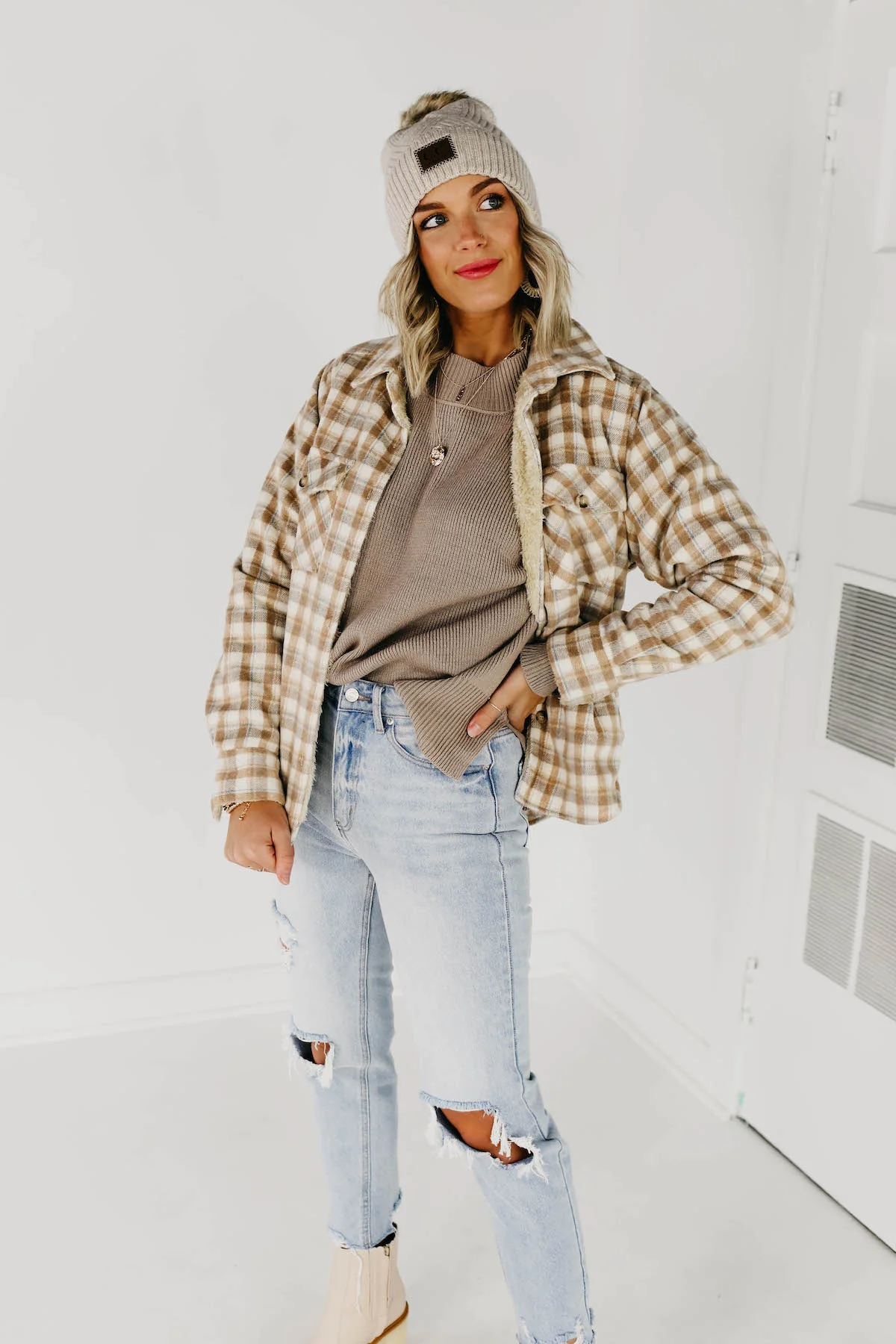 The Selena Plaid Faux Fur Shacket - Light Taupe - Image 6