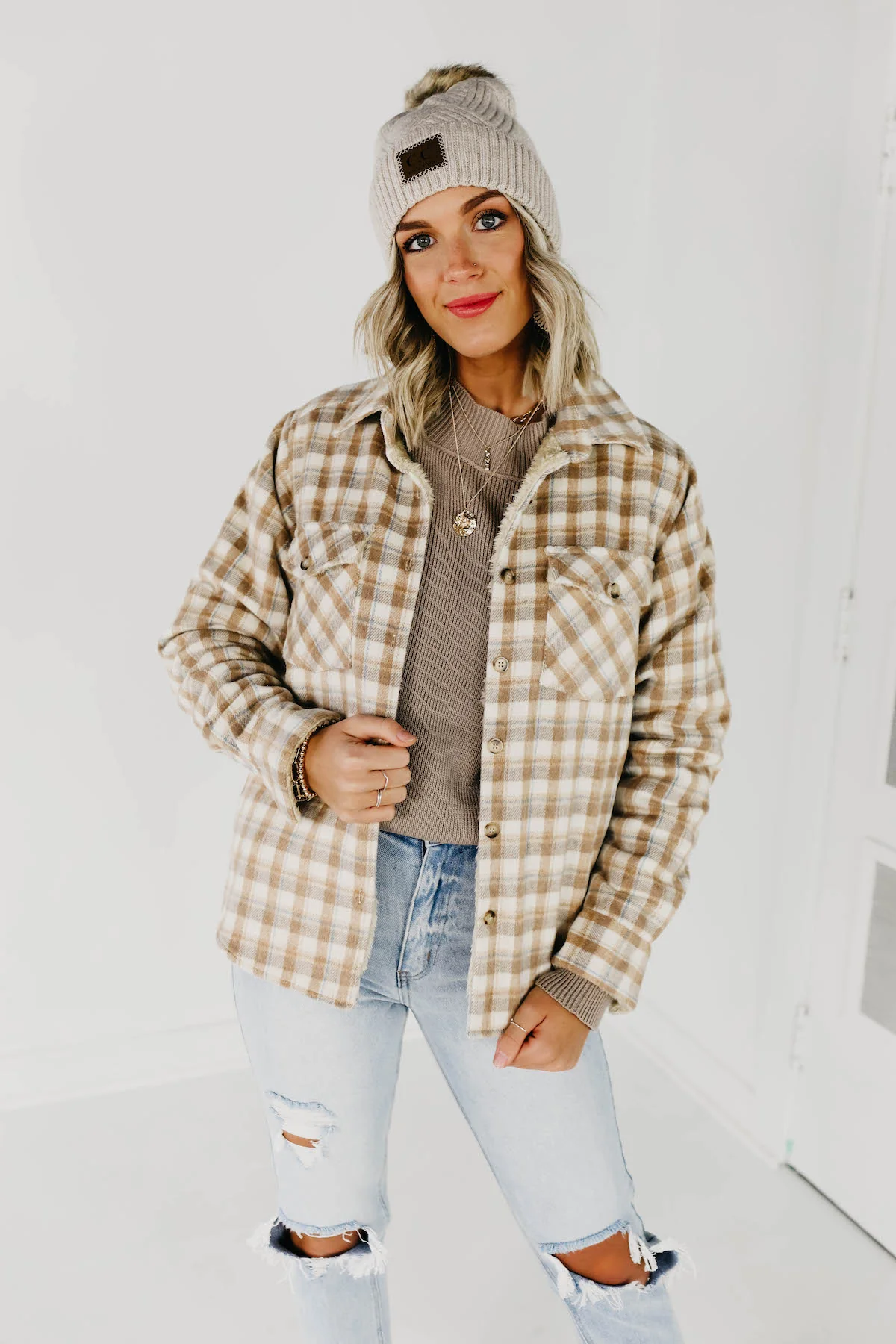 The Selena Plaid Faux Fur Shacket - Light Taupe - Image 7