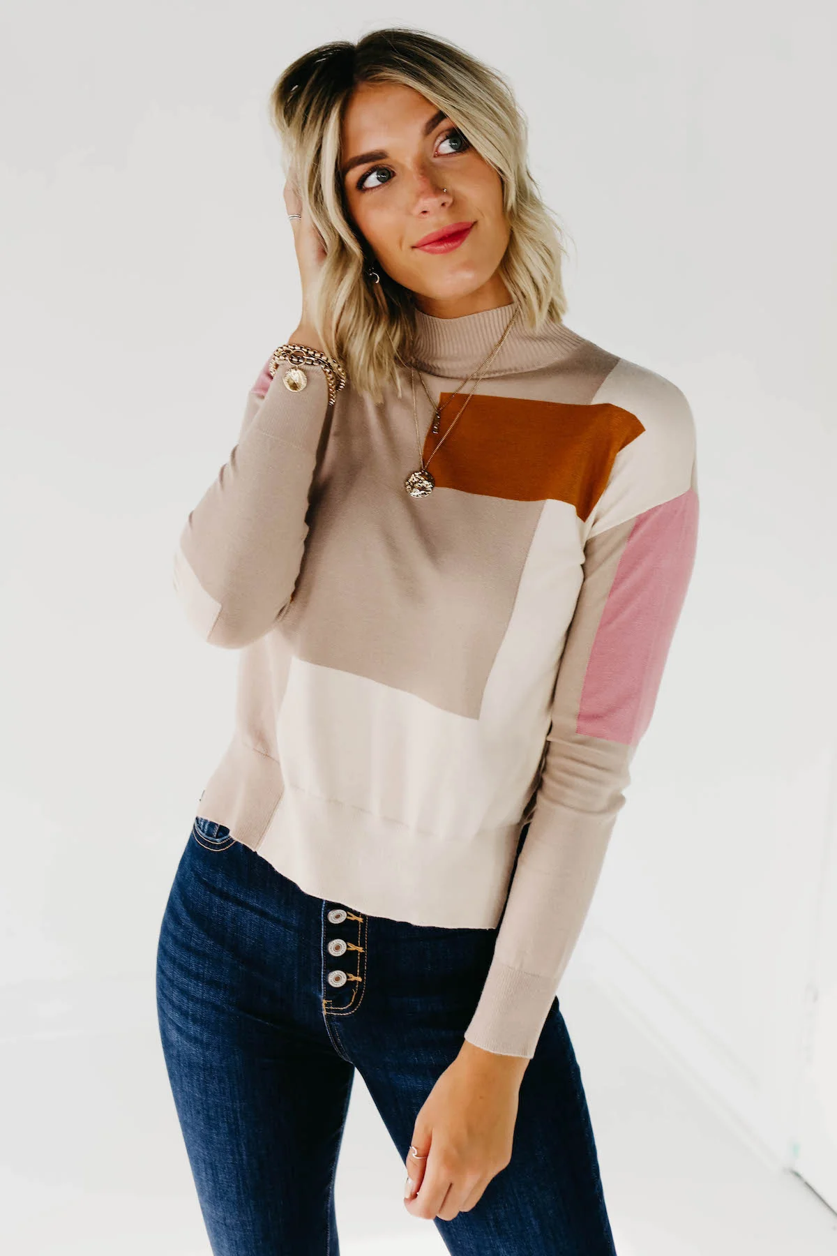 (MOD Exclusive) The Shai Mock Neck Sweater - Camel Multi - Image 6
