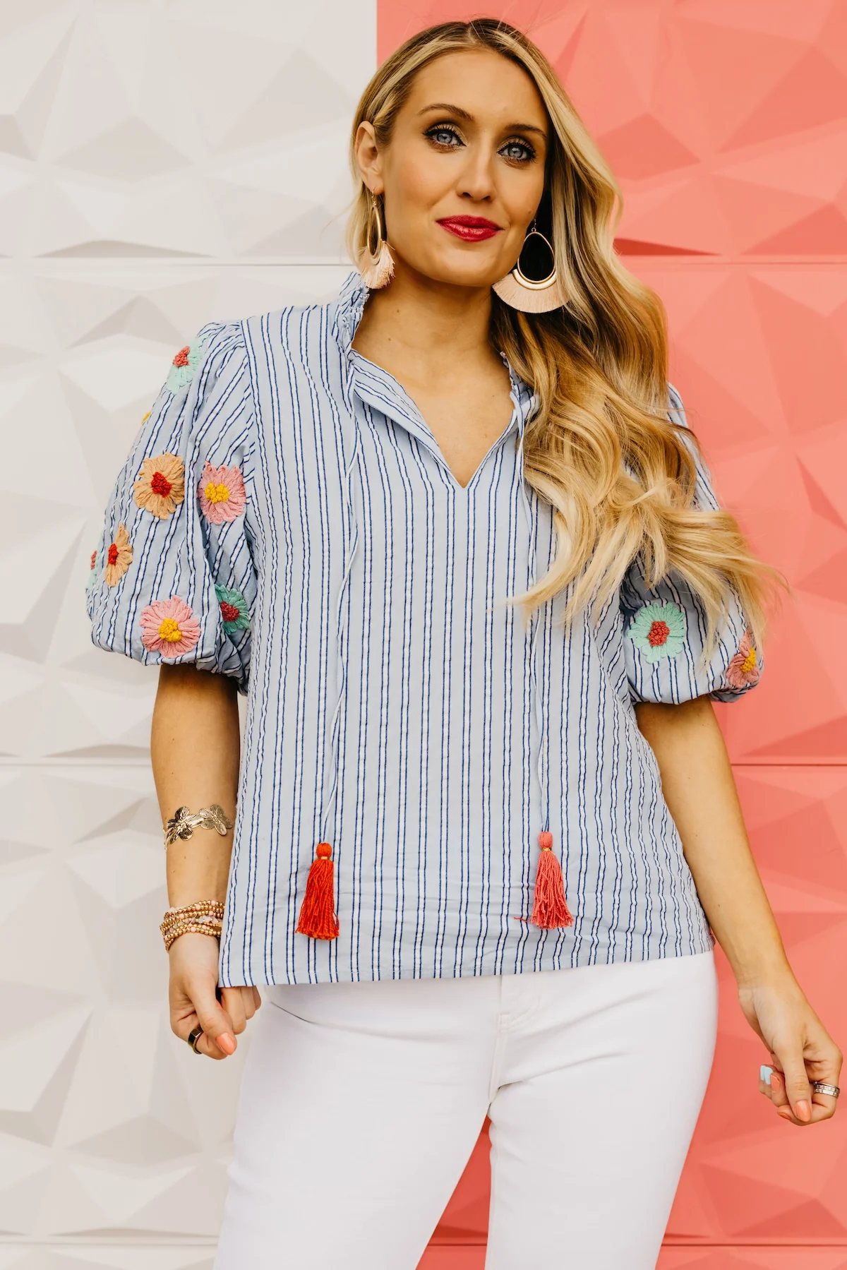 The Sonya Hand Embroidered Puff Sleeve Stripe Top - Image 11