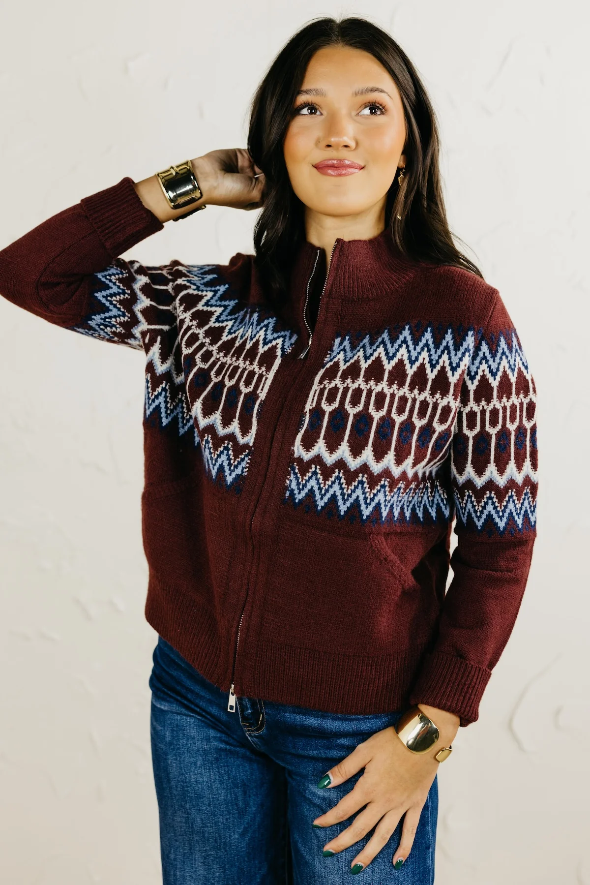 Then Fair Isle Zip Up Sweater Cardigan - Image 4